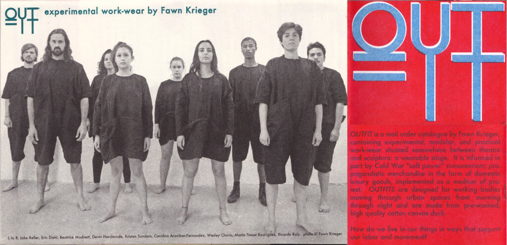 Riso printed black and white photograph of a group of various people wearing simple dark sack like clothes standing in two rows. On the right is a description with the title in large blue text, and body text in black against a red background. 