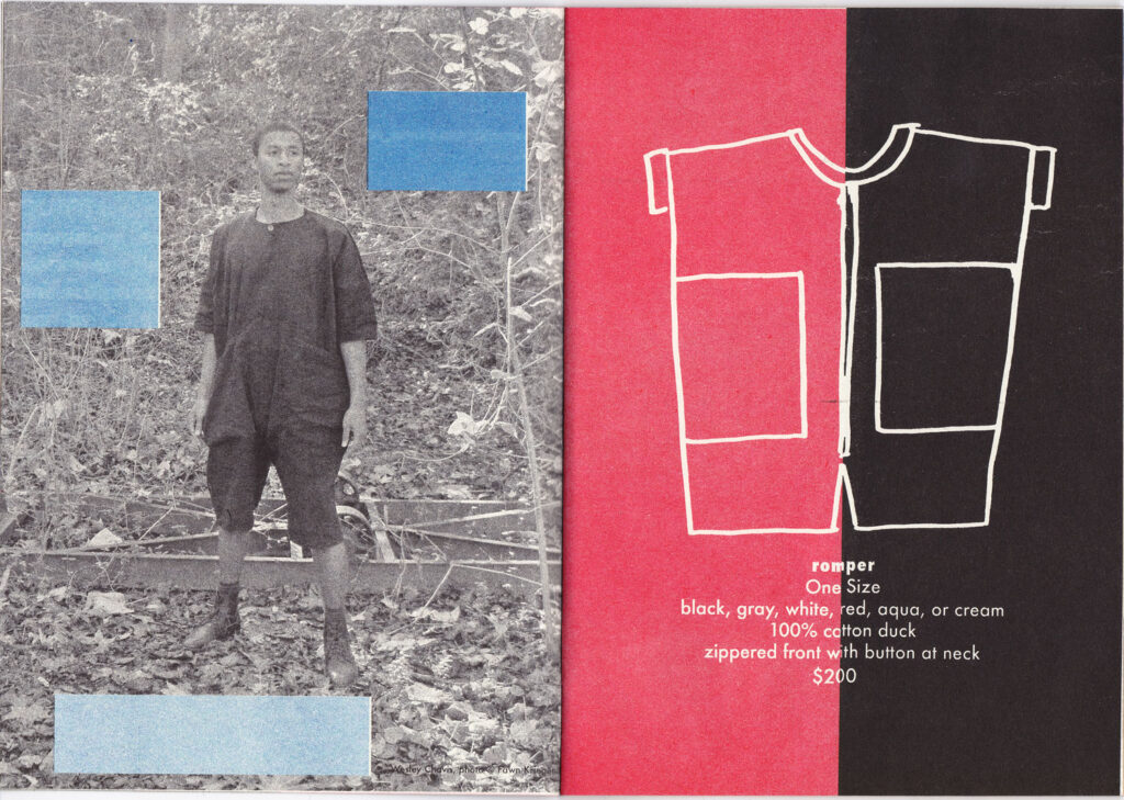 Zine spread showing a black and white photograph of a man wearing a dark romper and boots in the forest, with three blue rectangles arranged around him. On the right side is a simple white line drawing of the romper above a description, against a background that is vertically half red and half black. 