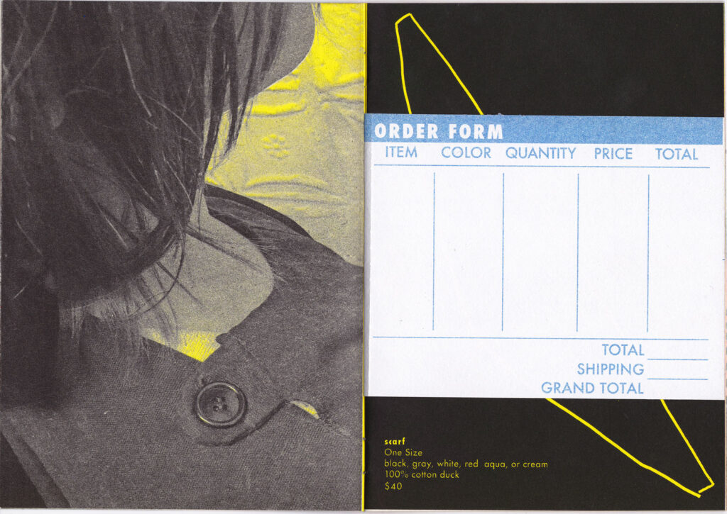 Zine spread showing a close up of a person's shoulder, they have dark shoulder length hair, and their clothing is attached by a button. On the right page is a blank order form against a dark background with simple yellow lines and a text description on it. 