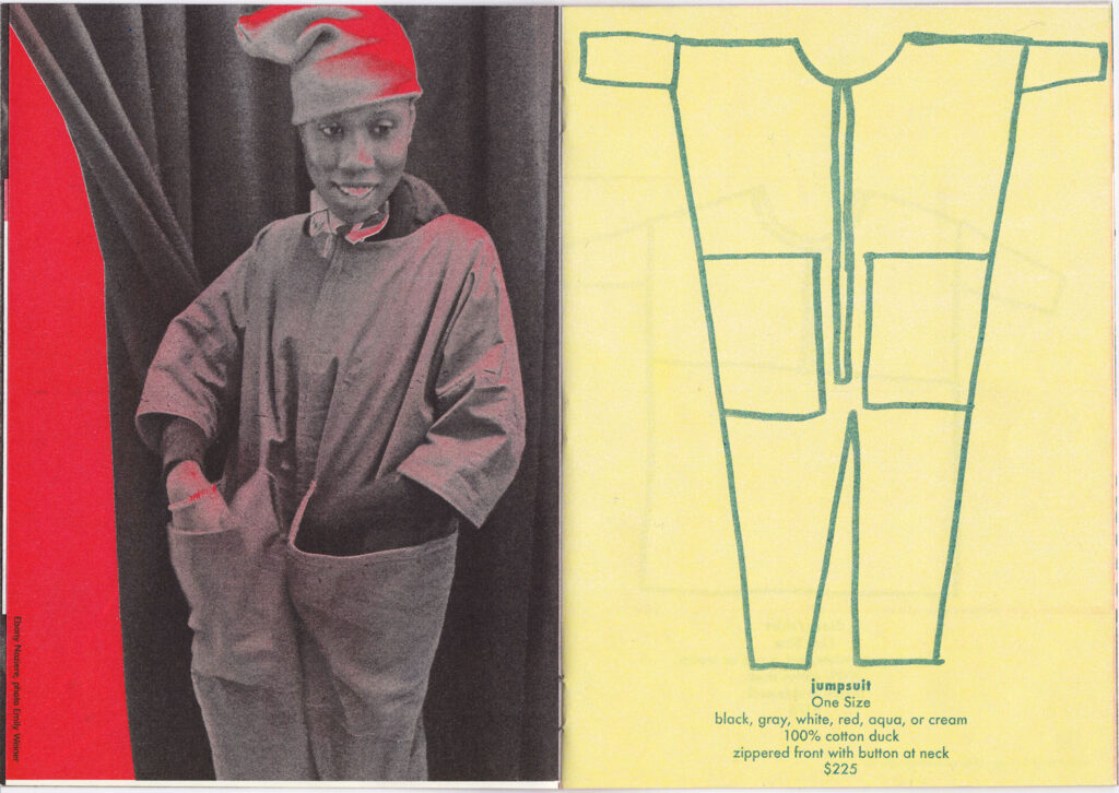 Zine spread showing a black and red photograph of a figure wearing a sack like jumpsuit and beanie against a dark curtain. On the right side is a simple blue line drawing of the romper above a description, on a yellow background.