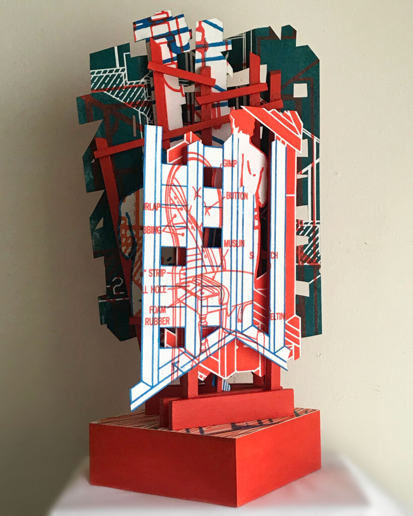 A multi layered paper sculpture with abstract geometric shapes, and the illustration of a partially visible man's back. 