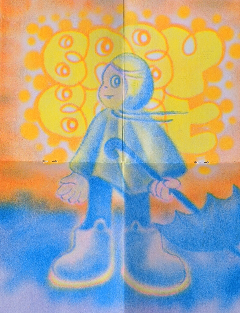 Riso print of a figure printed in blue, wearing a poncho and rainboots, holding an umbrella, and standing before bubbly yellow text. 