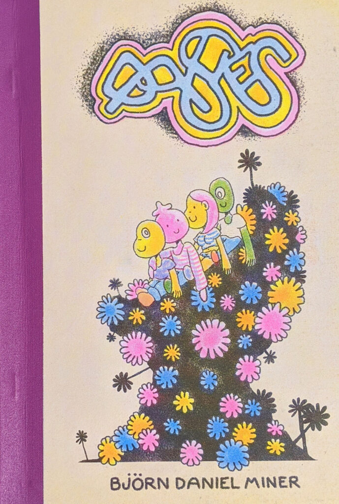 Cover of a book with purple tape binding, showing four colorful humanoid characters sitting in a row on a black object covered in blue, orange and pink flowers, underneath an abstract shape of the same colors. 
