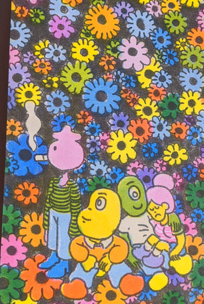 An illustration of four colorful humanoid creatures against a black background covered in colorful flowers. 