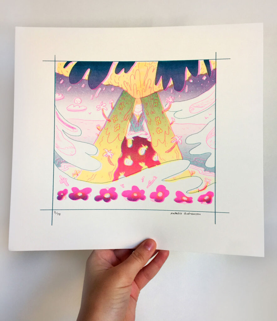 Riso printed illustration of a figure with their arms crossed, with large sheets of hair with flowers growing out of it, amongst a natural landscape.