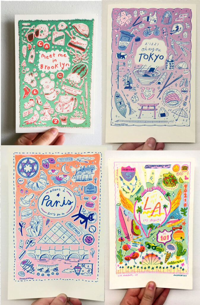 Image containing four small prints dedicated to different cities; Brooklyn, Tokyo, Paris and LA, each print includes a collection of objects relevant to the city. 