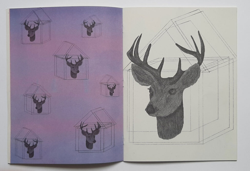 Open spread of drawings of deer heads inside simple straight line drawings of houses. 