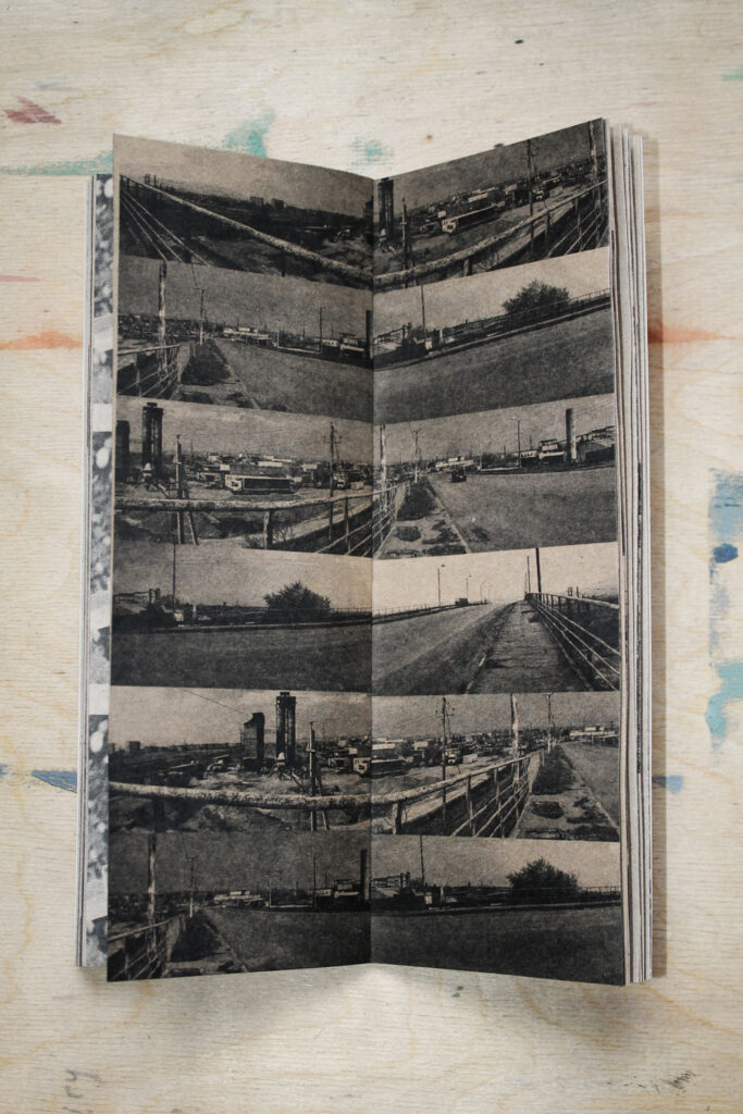 Spread from a zine, that shows multiple black and white photographs of landscapes arranged in a grid. 