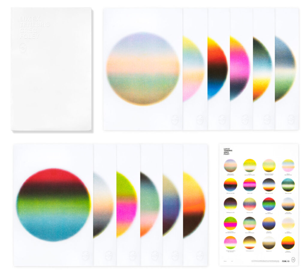 The folio with examples of prints, each one is a different colored gradient in a circle. The final print shows the various circle gradients in a grid. 