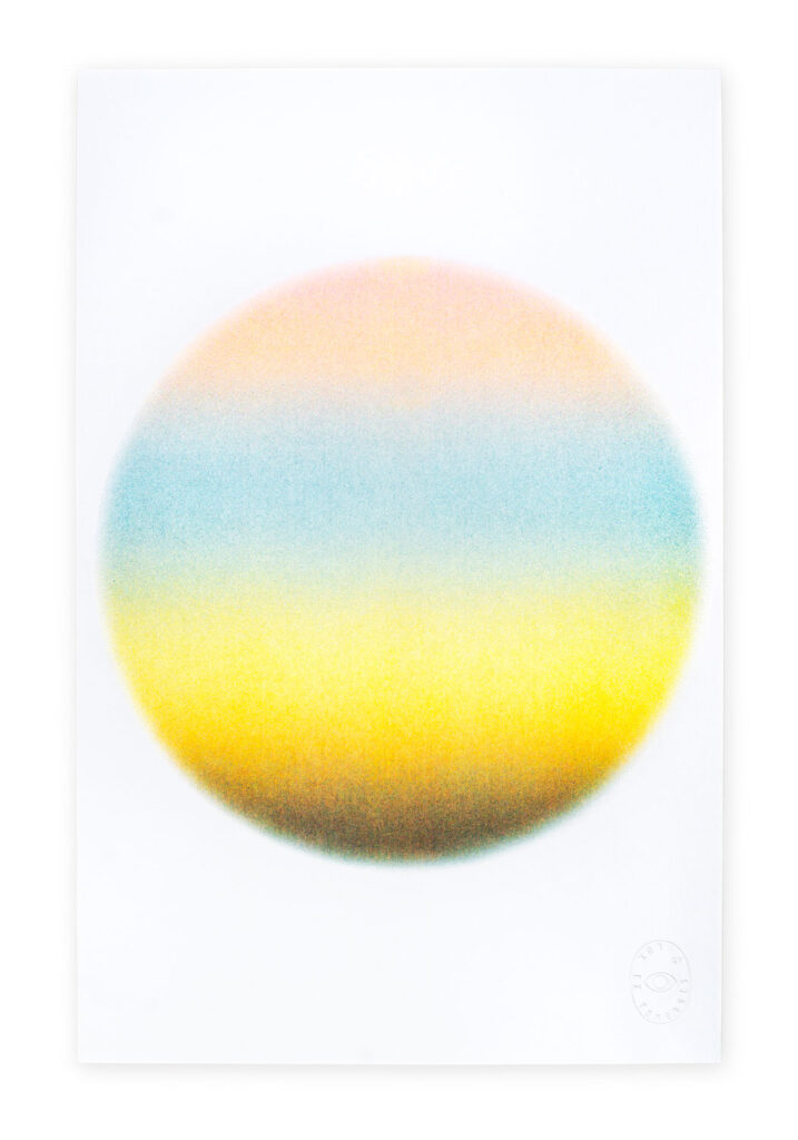 Print with a circle gradient that shifts from peach, to blue, to yellow to black. 