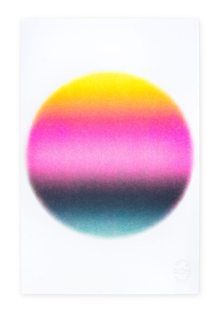 Print with a circle gradient that shifts from yellow to pink to black to blue. 