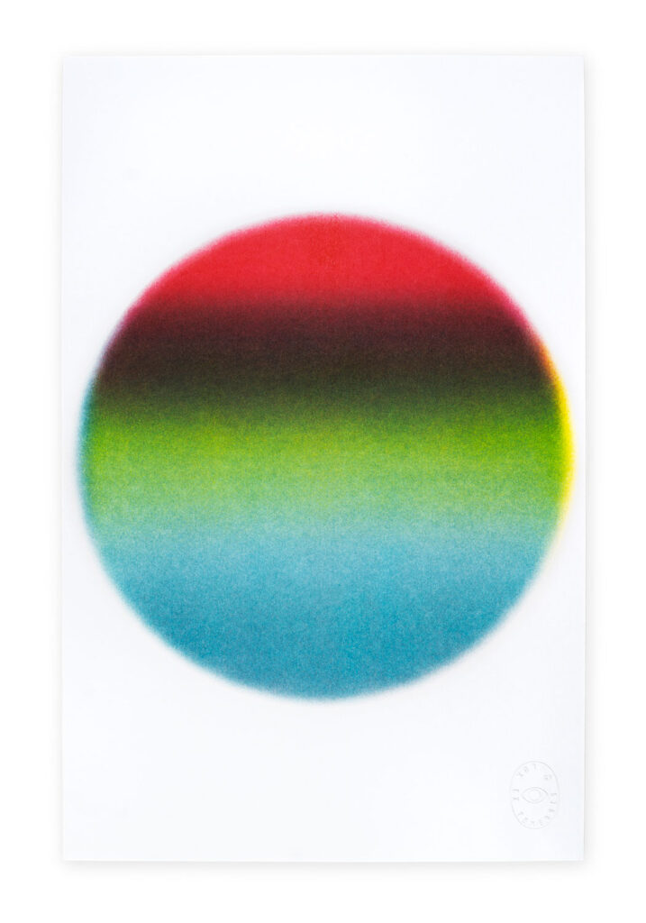 Print with a circle gradient that shifts from red to black to green to blue. 