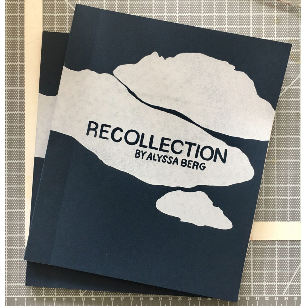Cover of a zine, titled "Recollection" in dark all caps font against some white clouds and a black background. 