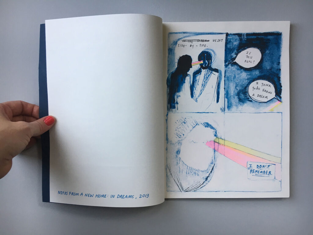 Open spread of a comic with scratchy, messy drawings and washes in blue, with pink and yellow shapes. 