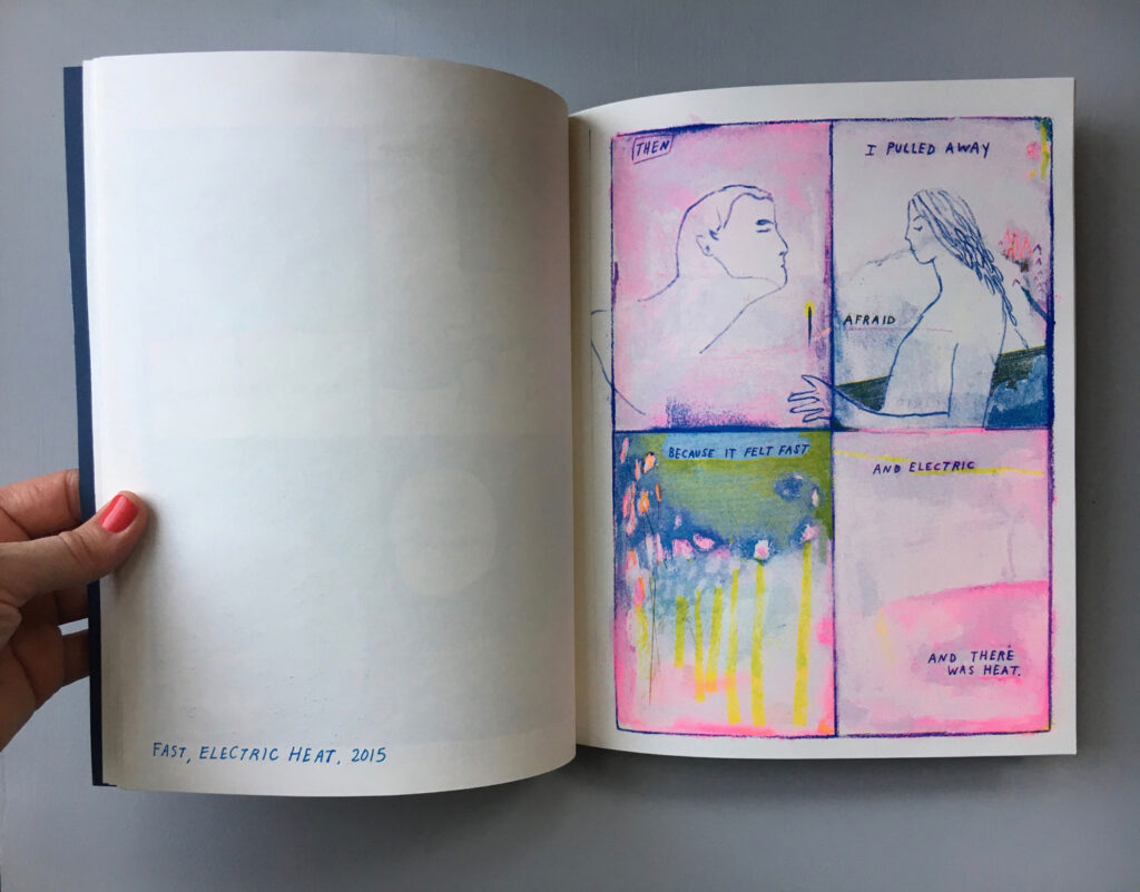 Open spread of a comic with drawings of figures and washes in blue, pink and yellow. 