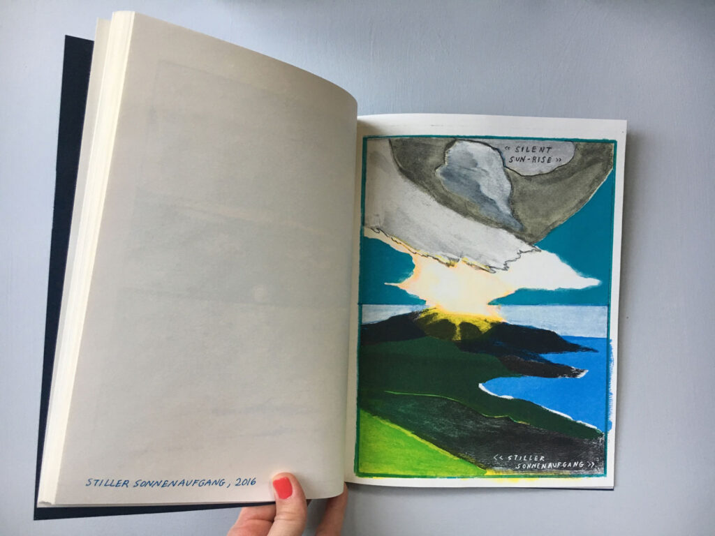 Open spread of a comic, the right page shows a landscape of a land mass, ocean and sky. 