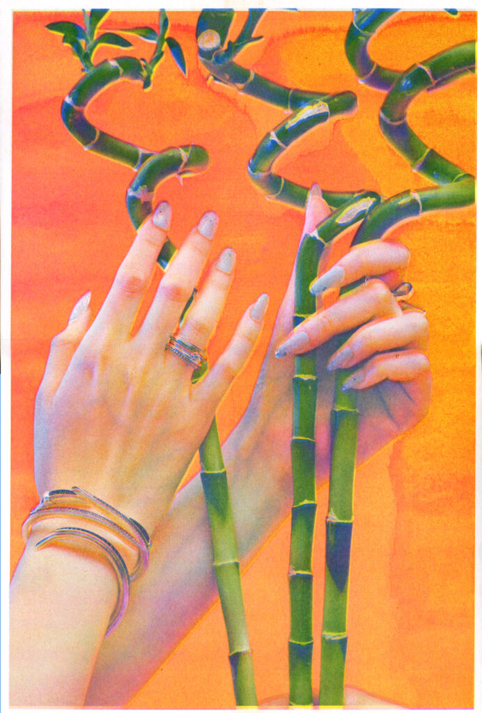Photograph of two hands with long manicured nails, wearing rings and bracelets, touching some bamboo that grow into spirals at the top, against an orange background. 