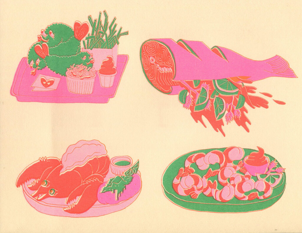 Riso printed illustration of four seafood dishes, including, lobster, fish, shrimp and fried shrimp, printed in pink, red and green. 