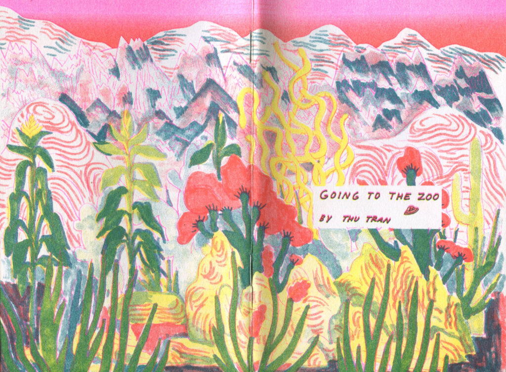 Double page spread from a zine, of an illustrated mountain landscape with plants in the foreground. 