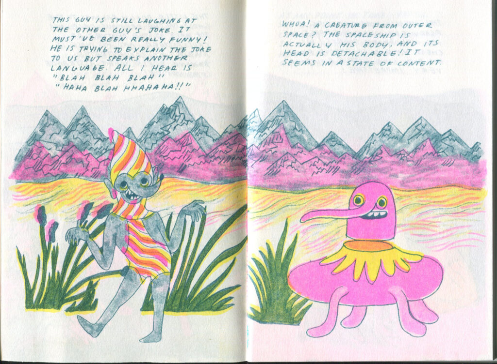 Illustration of two creatures, one wearing a striped body suit with gray skin, and the other whose head is detached from their body and has a long trunk like nose and pink skin, stand in a mountain landscape before some plants. 