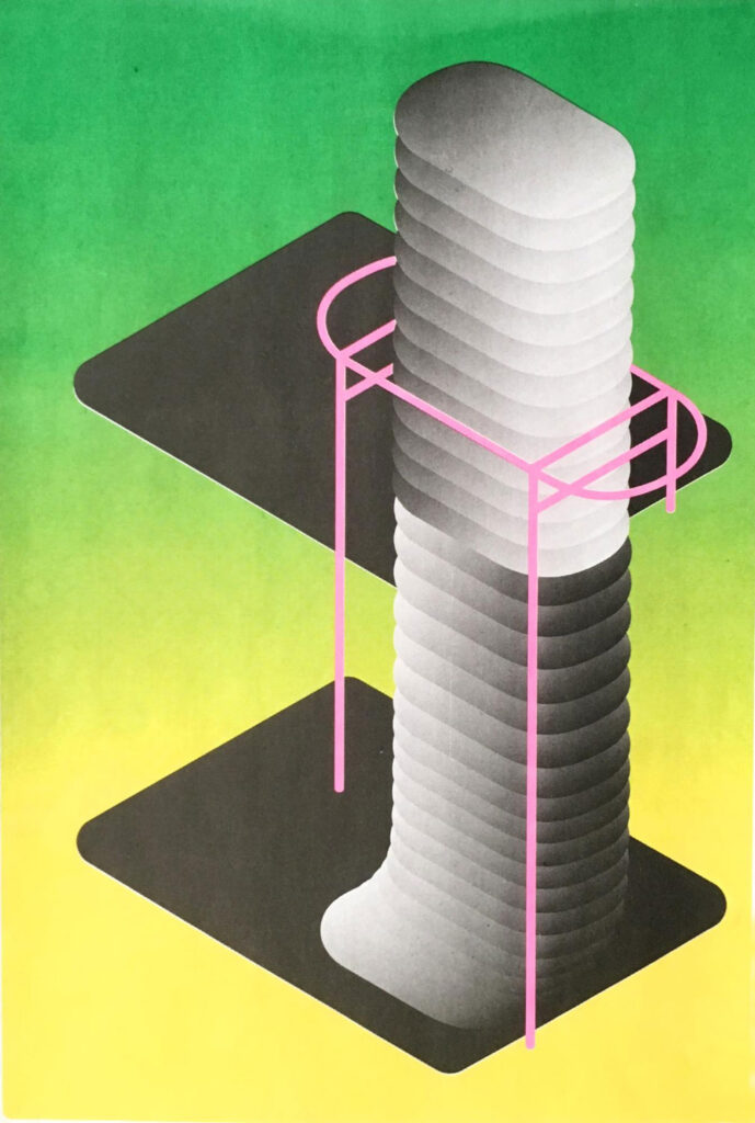 Graphic riso print in green pink and yellow and black of abstracted shapes and gradients. 