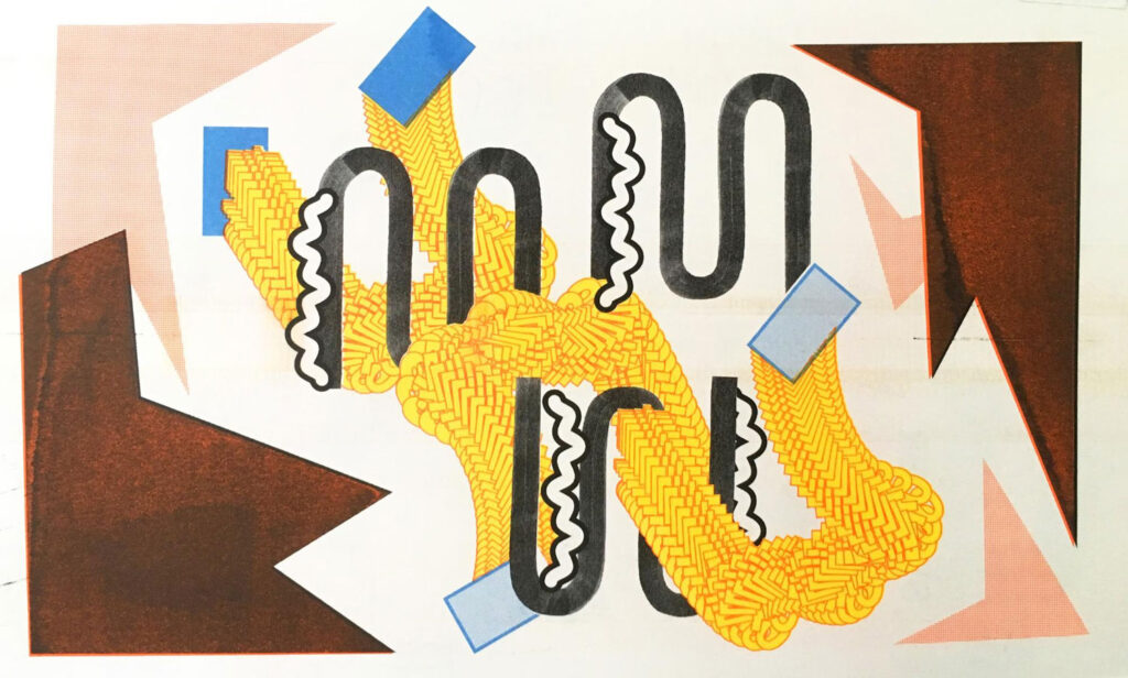 A riso print of orange, black, blue and yellow bstracted shapes and squiggles.