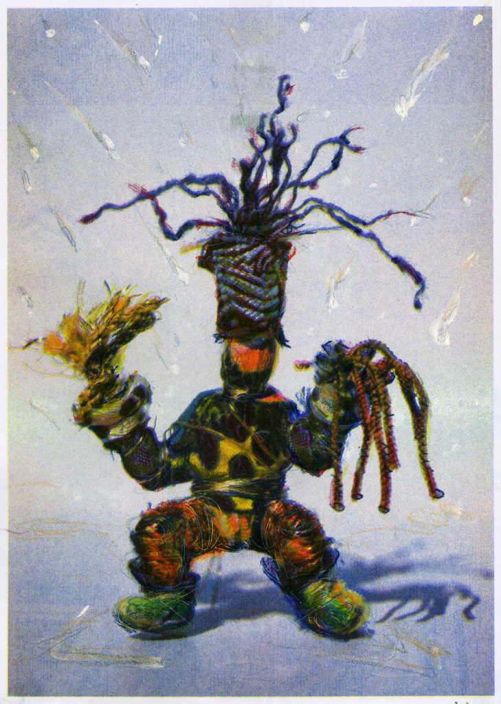 Print of a colorful figure made of various different textures holding objects in both hands and kneeling slightly. 