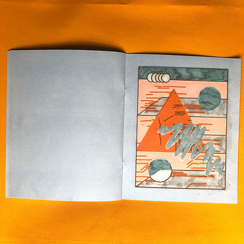 Zine spread with a blank left page, the right page is an abstract drawing with many shapes including triangles and circles printed in blue and orange. 