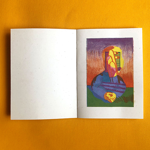 Zine spread, with an abstracted colorful figure in the right page.