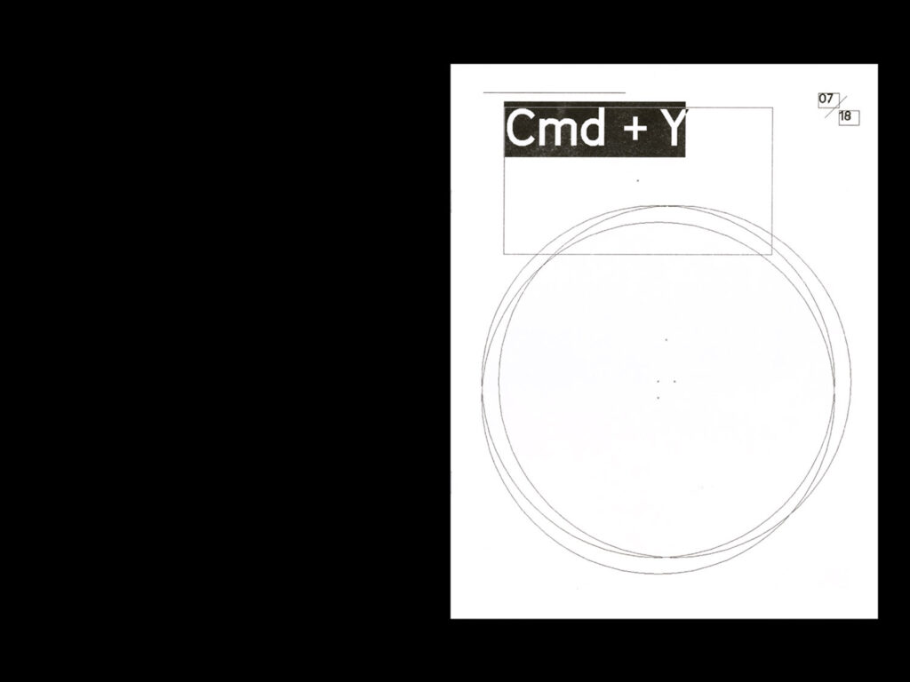 Cover of her zine, the title reads "Cmd + Y" in a white sans serif font in a black rectangle, intersecting with a rectangle and several other intersecting circles. 