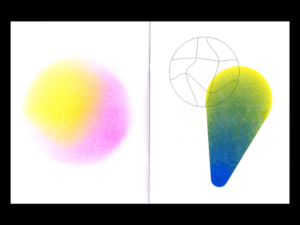 Double page spread of different gradients in shapes intersecting with line drawings of shapes. 