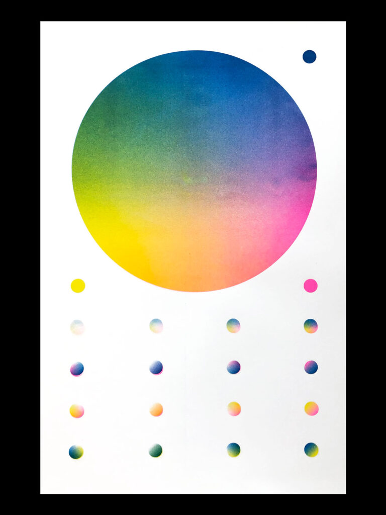 Print with one large circle of gradients above rows of smaller circles of gradients. 