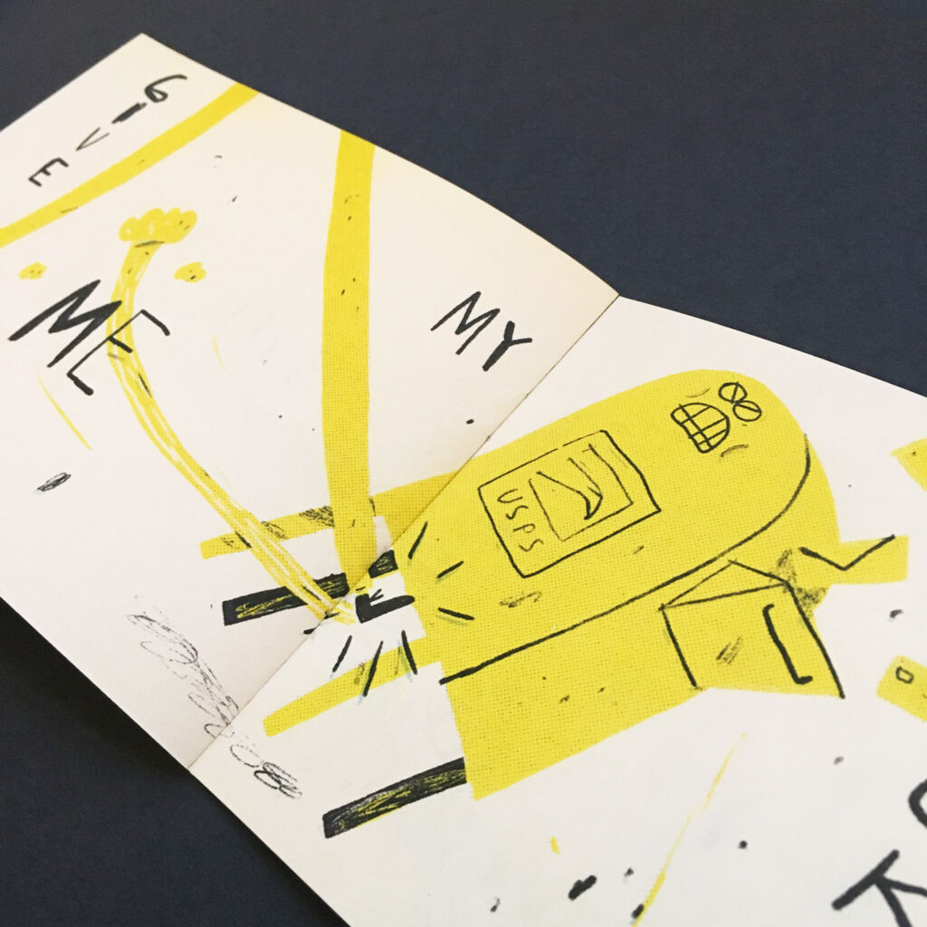Spread from the zine, showing a leg kicking a mailbox that makes a face of pain, printed in yellow and black. 