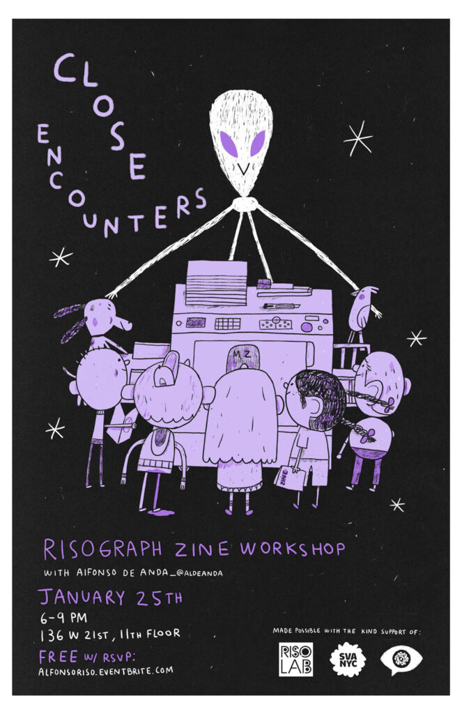 A poster for a zine workshop, with an illustration of many small children surrounding a riso in purple, beneath a skinny white alien with long limbs. 