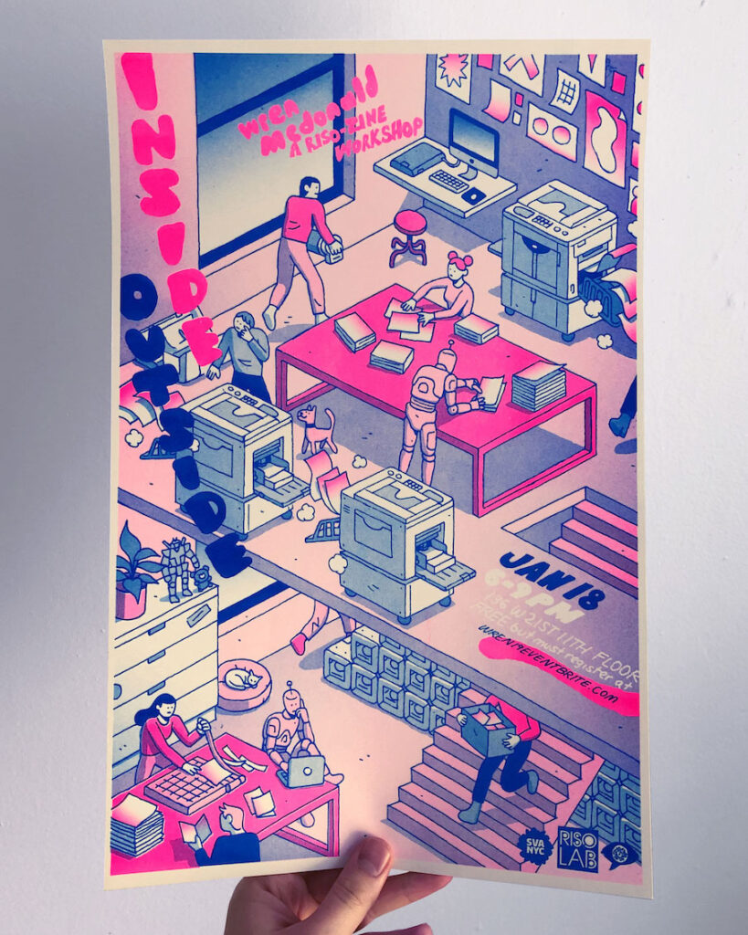 A printed poster in pink and blue with various figures, both human and robot, working in a riso studio. 