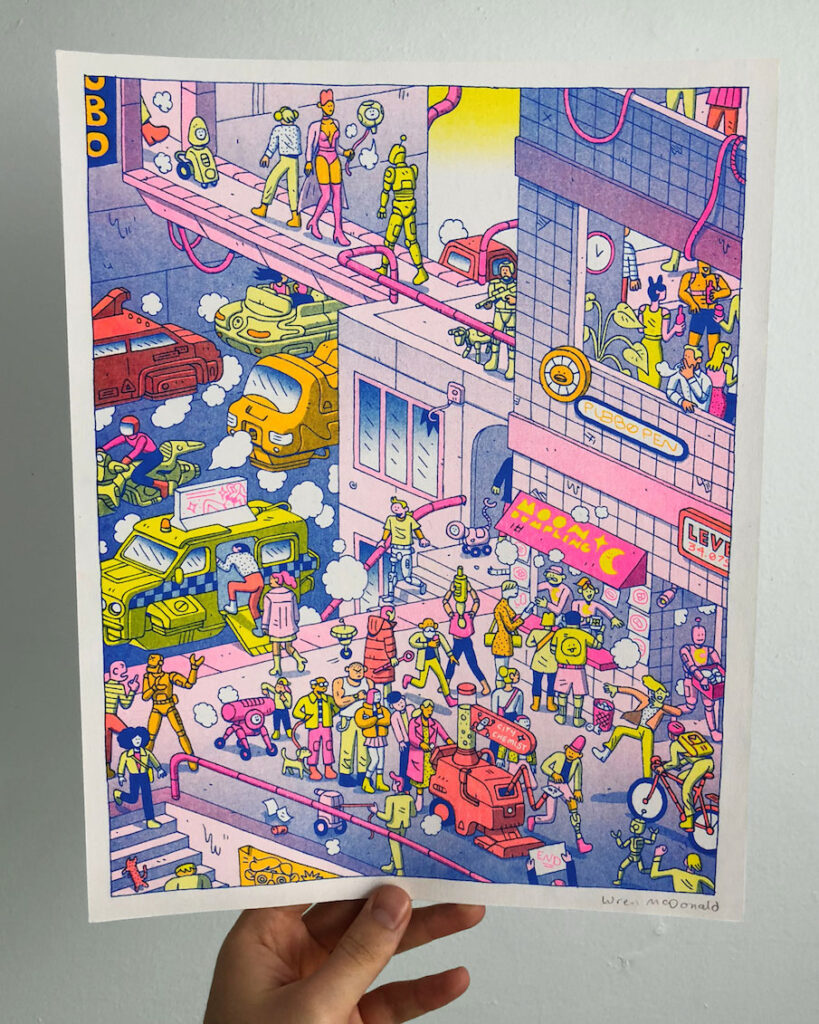 An illustrated print of a futuristic city, with crowds of different people, machines and vehicles. 