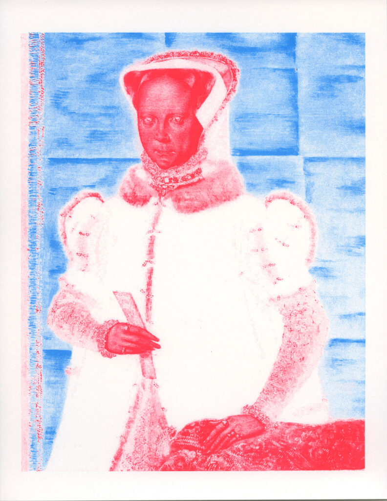 Riso print of a historical figure in old European clothing in red, against a blue background. 