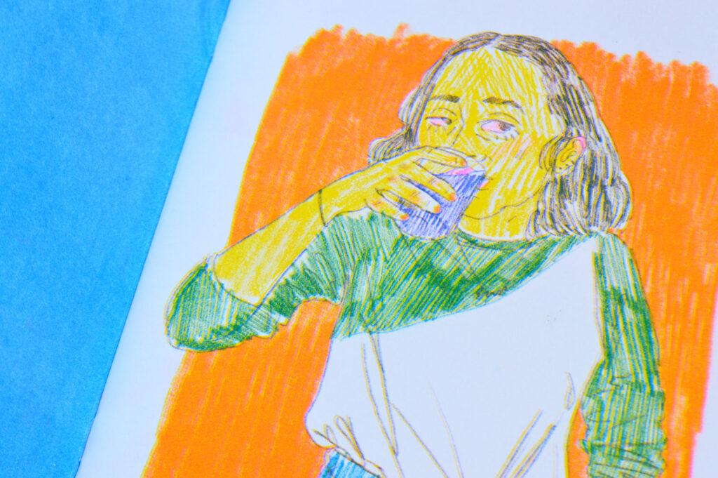 Riso printed drawing of a figure with yellow skin, pink eyes, shoulder length hair and drinking water against an orange background. 
