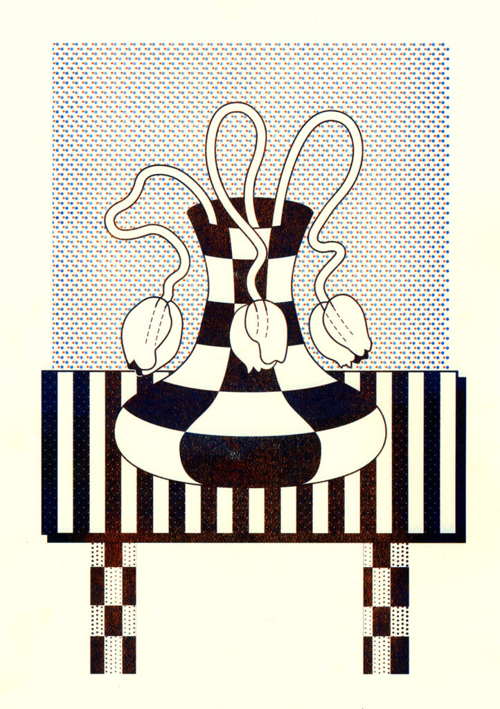 Print of a clean lined illustration of a grid patterned vase with three flowers wriggling out on top of striped rectangles against a textured background. 