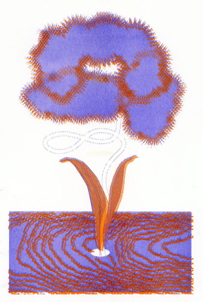 Orange and purple illustration of a flower growing out of a textured ground. The flower petals are purple with a fuzzy orange outline. 