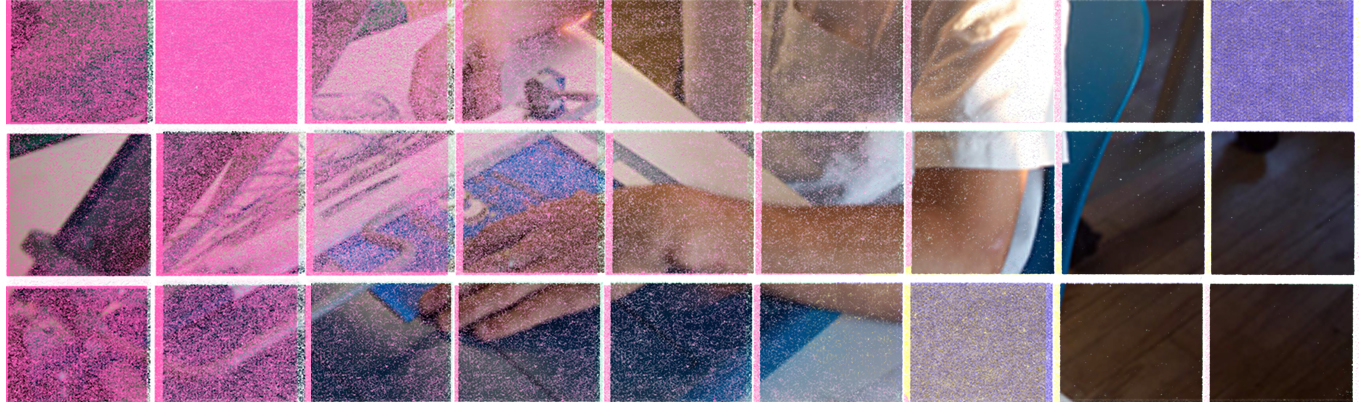 A riso printed photo of somebody folding a publication, broken up into a 7x4 grid, where each square has different saturation levels. This image shows the versatility and variability of Risograph printed photographs.