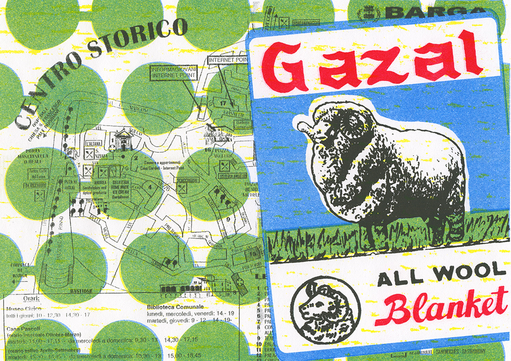 Collaged riso print of a map, green circles, and a label for a blanket that reads "Gazal" in red over a drawing of a ram. 