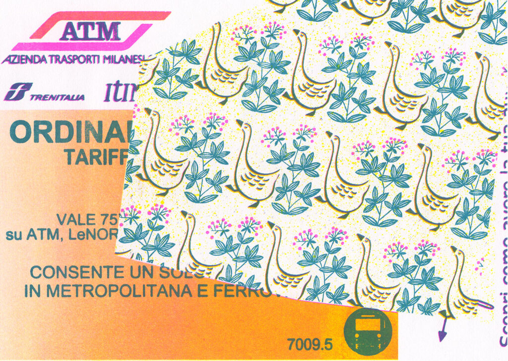 Collaged image of a pattern of geese and flowers against a foreign language label. 
