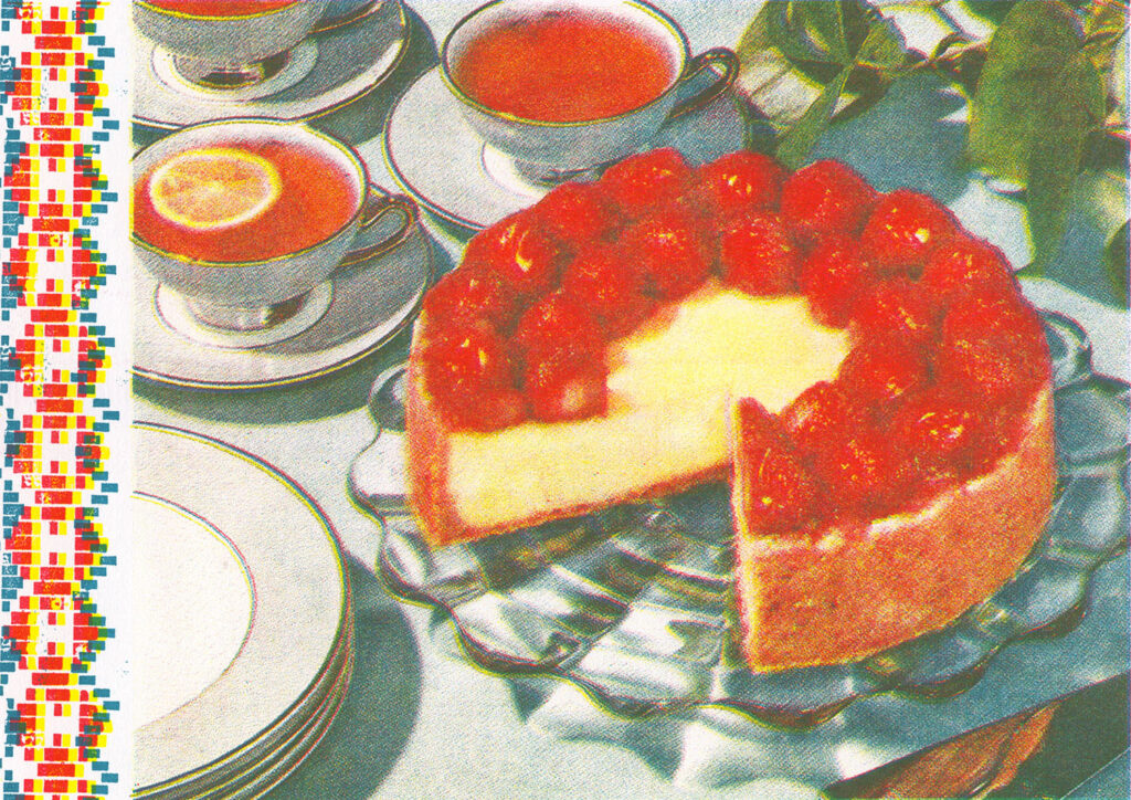 A riso print of an illustration of a cake with red strawberries on top, next to three cups and saucers of tea. 