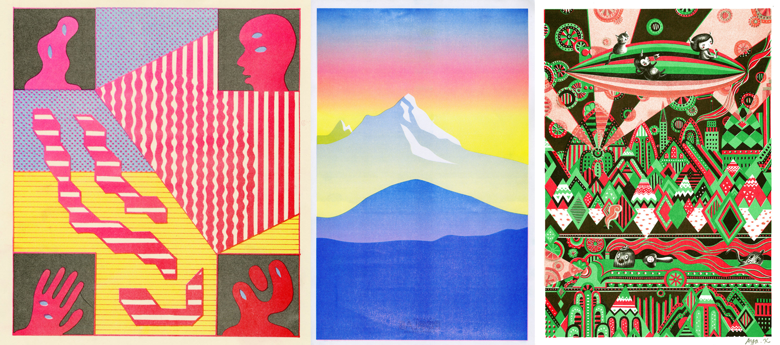 Three colorful riso prints, one on the left with abstracted shapes and patterns, the center image of a mountain landscape, and the right image contains many complex and intricate shapes in red, black and green.