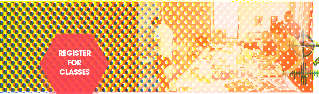 Image of the RisoLAB overlaid with riso printed patterned dots and a red hexagon in the lower left corner that reads 'Register for Classes.'