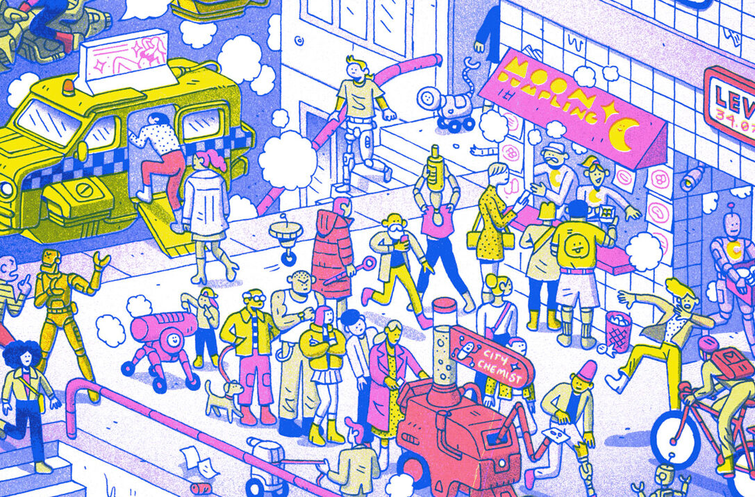 Riso printed illustration of a crowded city scene of many figures moving and interacting with robots and other futuristic machinery.