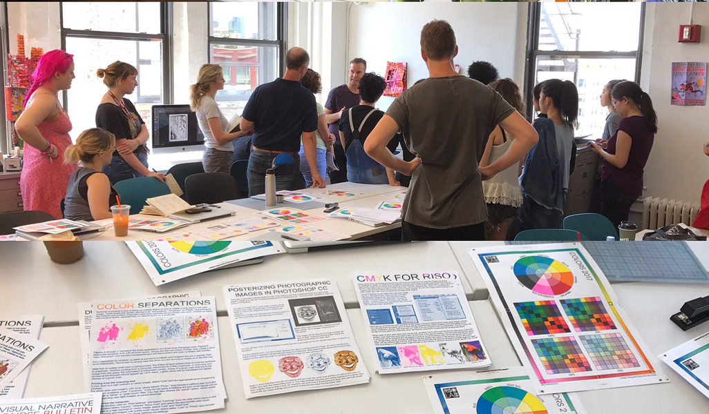 Upper image: Students surrounding RisoLAB instructor Panayiotis Terzis as he explains the Riso process. Lower image: a selection of instructional materials spread out on a table.