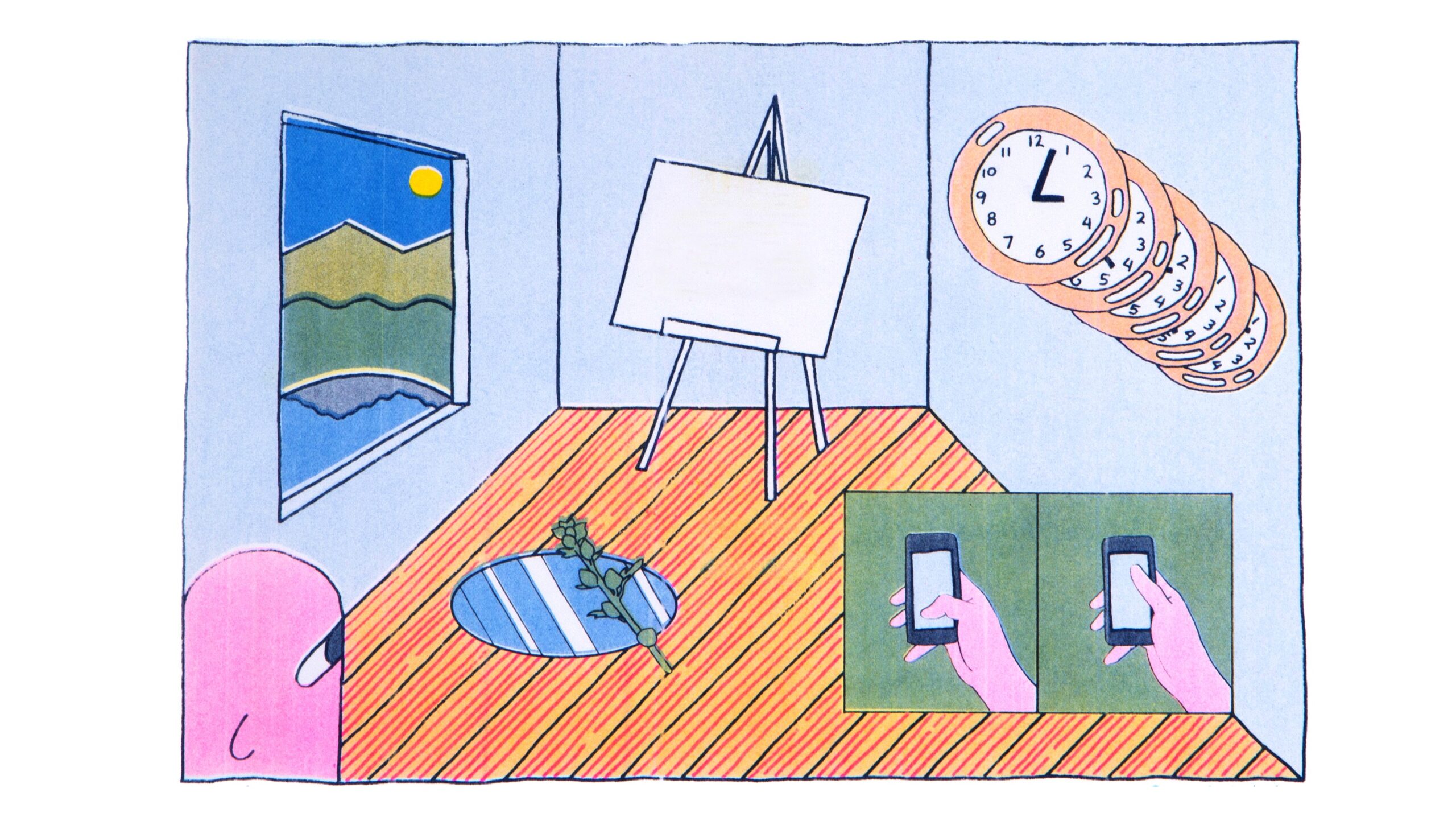 Riso printed illustration of an art studio, depicting a blank canvas, a flower in a puddle on the hardwood floor, clocks on the wall, and a 2-panel comic showing a thumb swiping up on a smart phone.