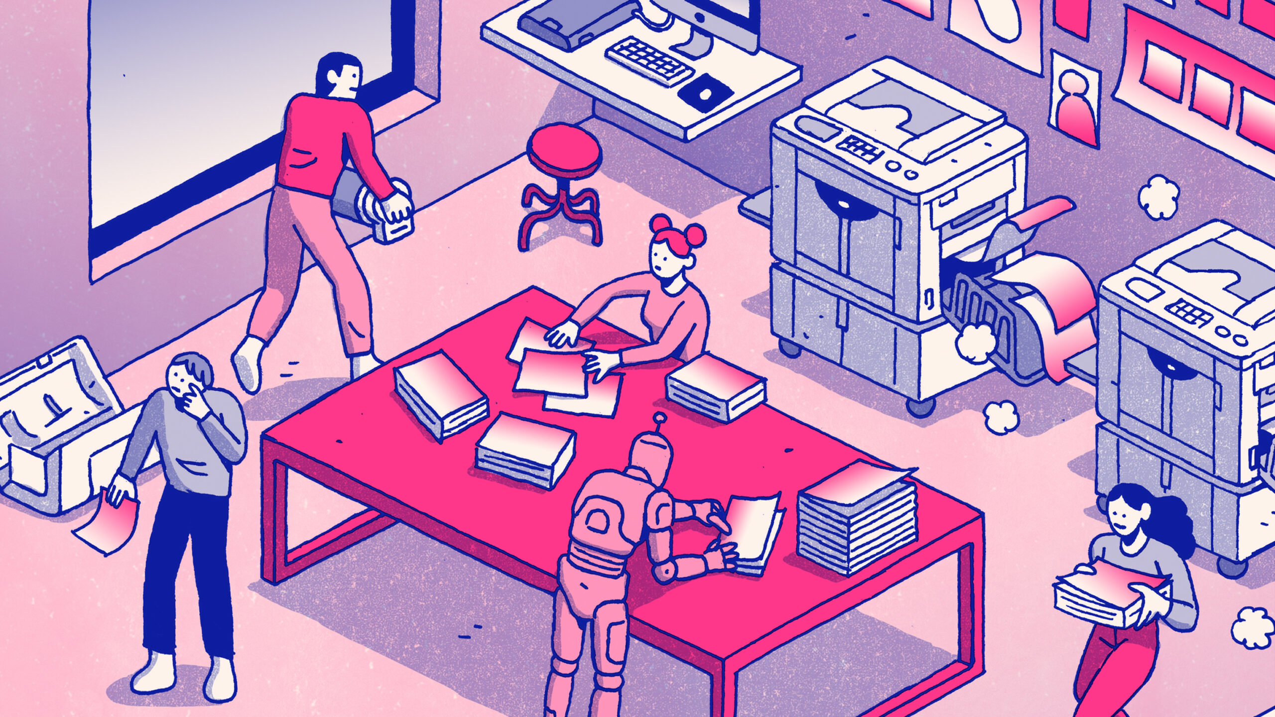 Riso printed illustration showing humans and robots working in a riso studio, printed in pink and blue.